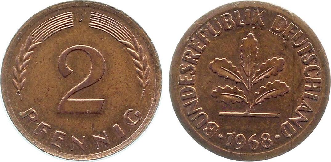 2 Pfennig 1968 J ohne Ring geprägt, VZ