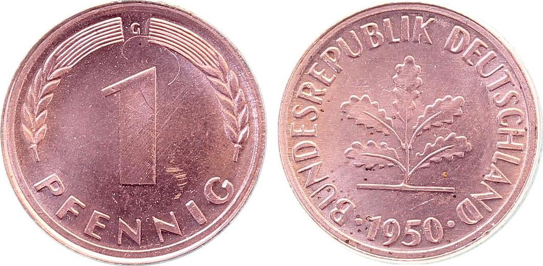 1 Pfennig 1950 G ohne Ring geprägt Porth