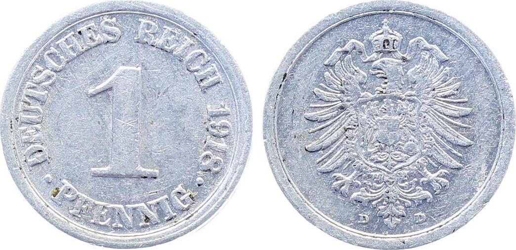 1 Pfennig Deutsches Reich 1918 D sehr schön , selten