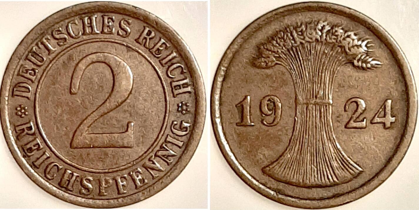 2 Reichspfennig 1924 ohne Münzzeichen sehr schön/vorzüglich