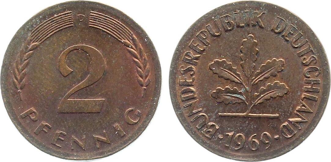 2 Pfennig 1969 D ohne Ring geprägt, selten