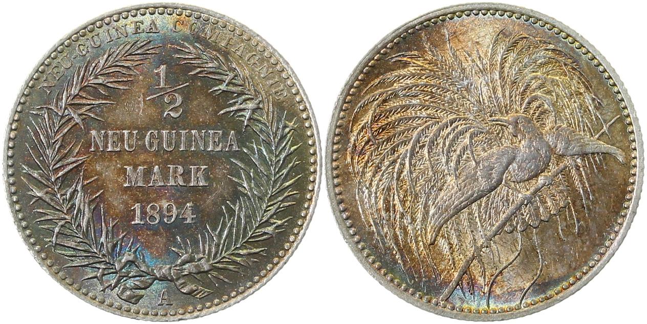 ½ Mark Neu-Guinea 1894 A f prfr/prfr ! herrl Patina min Krätzerchen J704 f