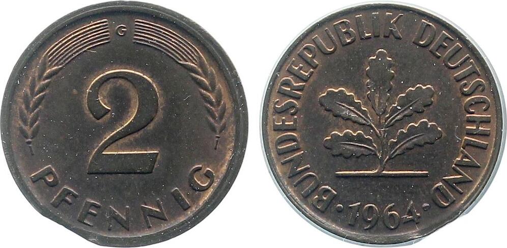 2 Pfennig 1964 G ohne Ring geprägt und Zainende