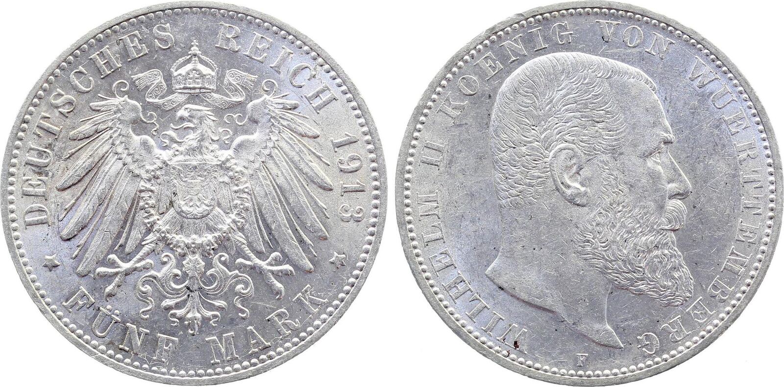 5 Mark Württemberg Wilhelm II 1913 F vz/st TOP
