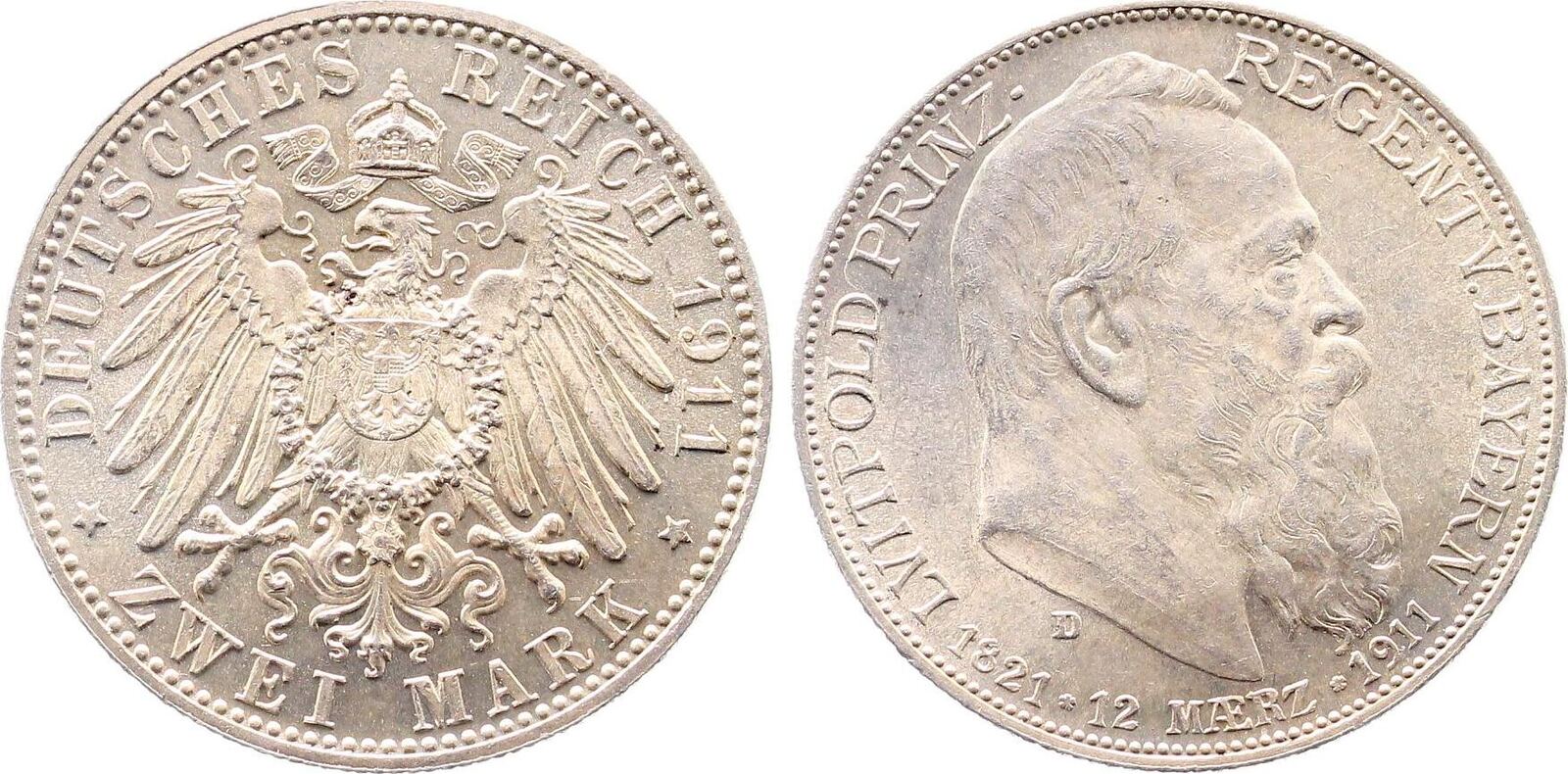 2 Mark Luitpold Geburtstag Bayern 1911 D f. prfr/fast stgl.