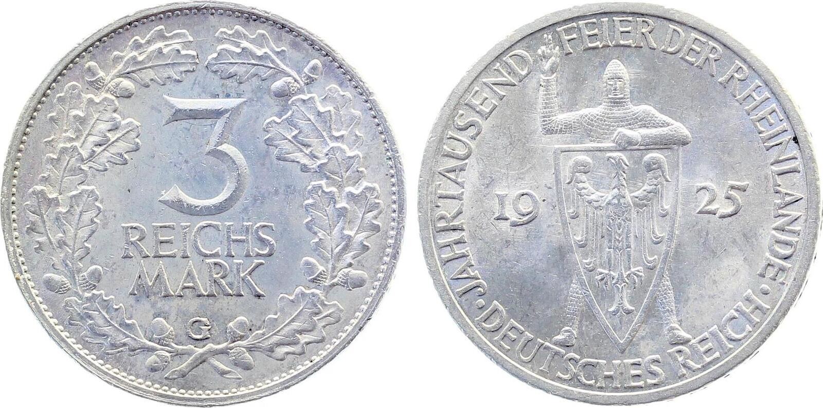 3 Reichsmark 1925 G f.stgl, 1000 Jahre Rheinlande J321