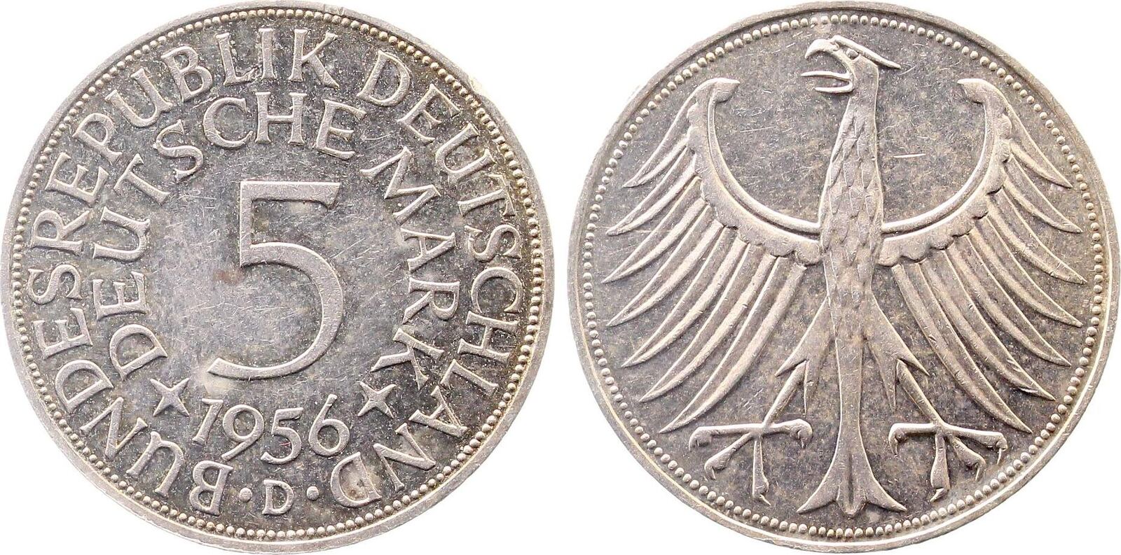 5 Deutsche Mark 1956 D vz+ Patina