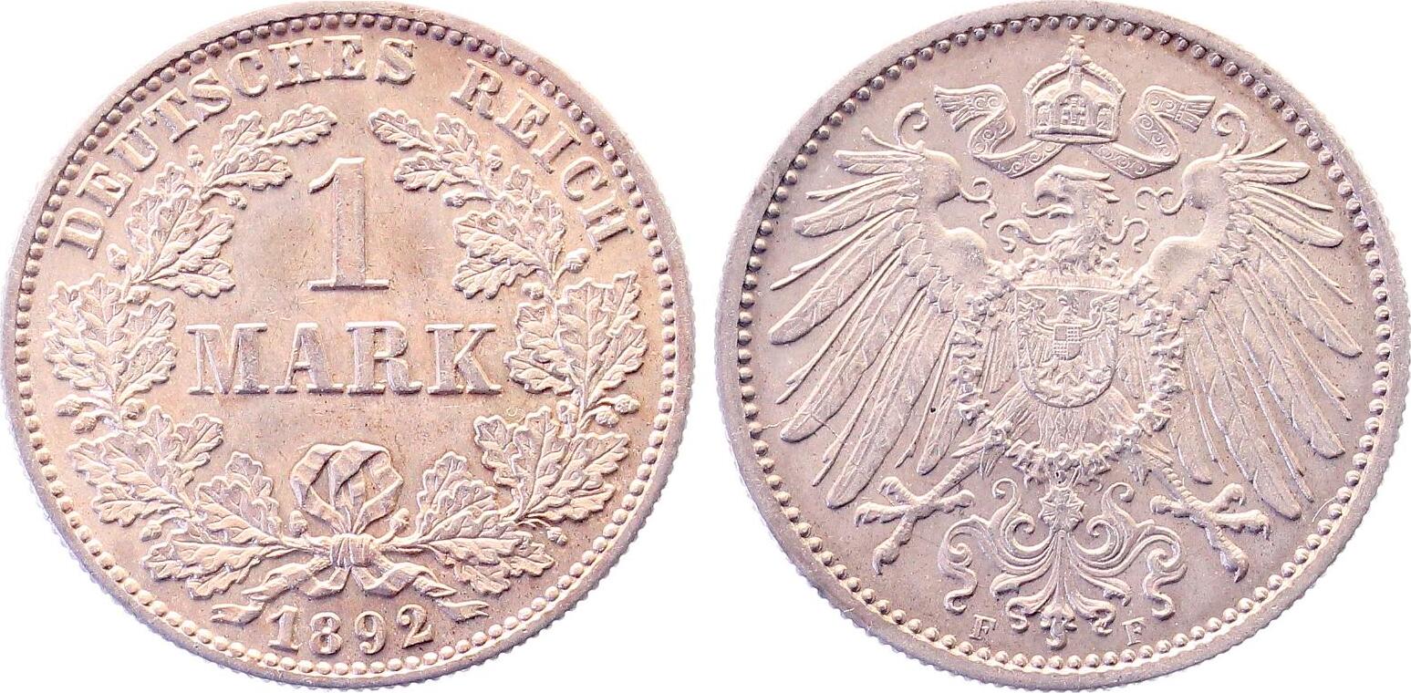 1 Mark 1892 F prfr/stgl J017 leicht schöne Patina