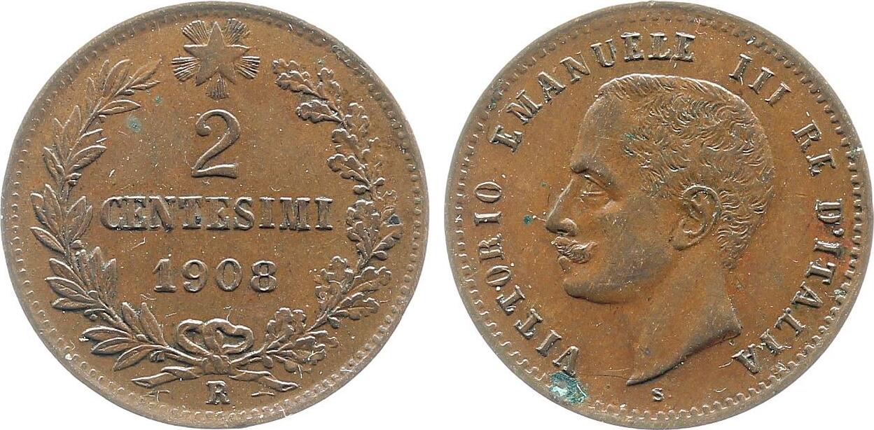 2 Centesimi S. 1908 R Italien schöne Kupferpatina