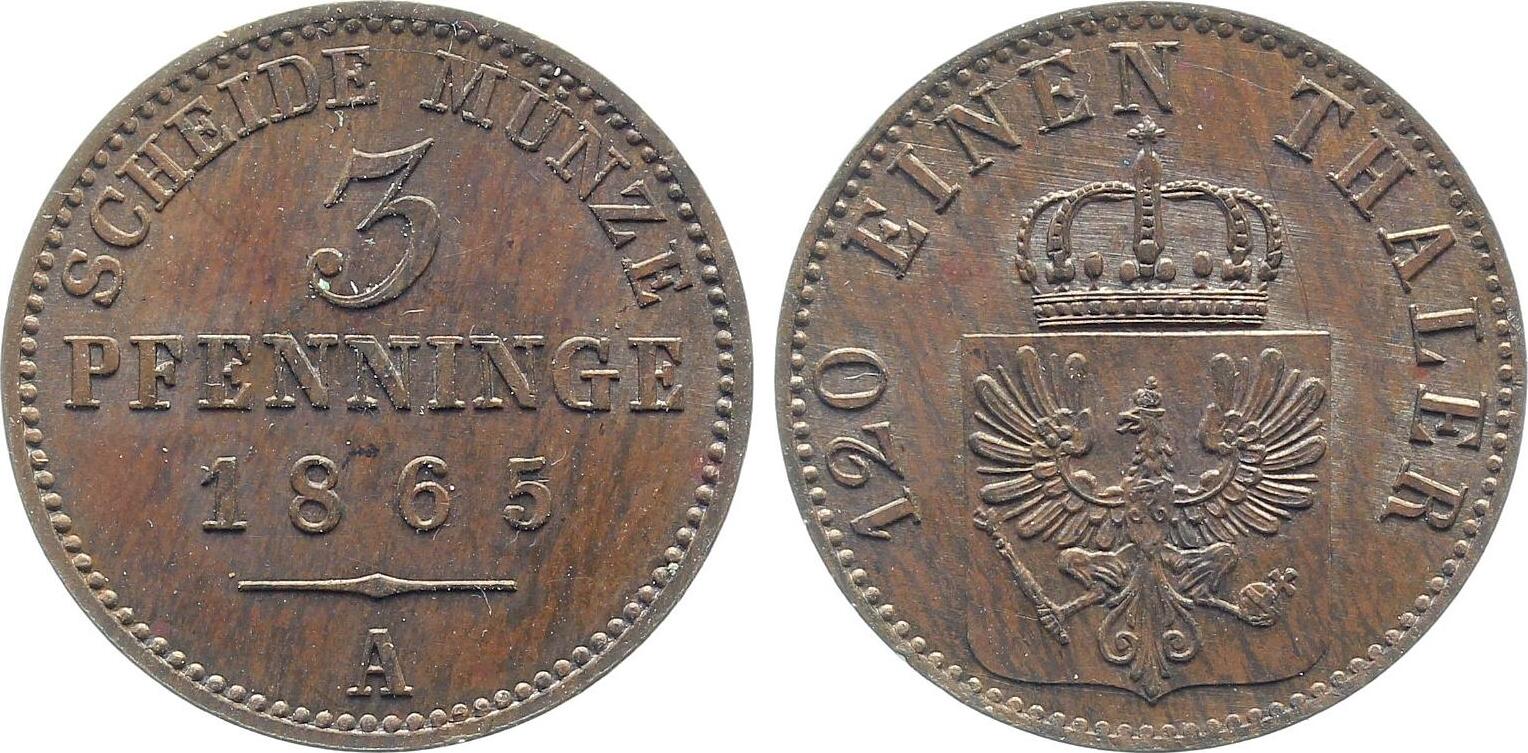 3 Pfennige Preussen 1865 A, 1/120 Taler, Seidenstempelglanz