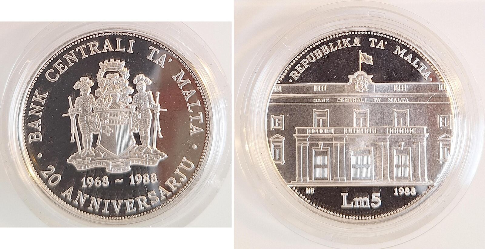 5 Liri 1988 20 Jahre Republik Malta, Proof in Kapsel