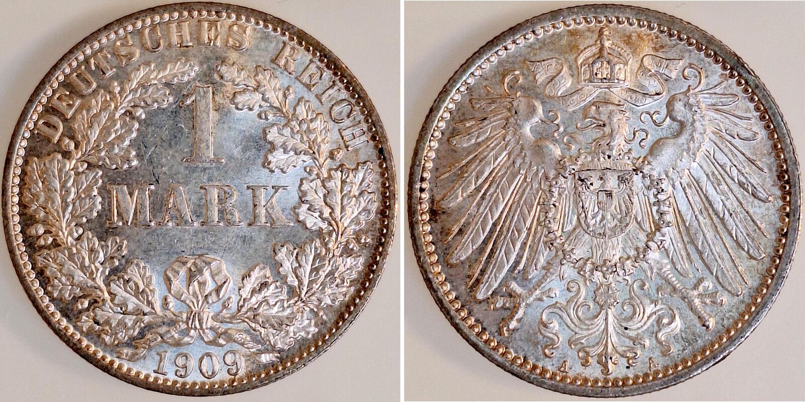 1 Mark 1909 A Herrliche beginnende goldene Patina