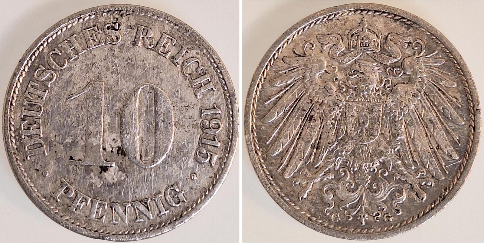 10 Pfennig 1915 G ss J013 , fleckig