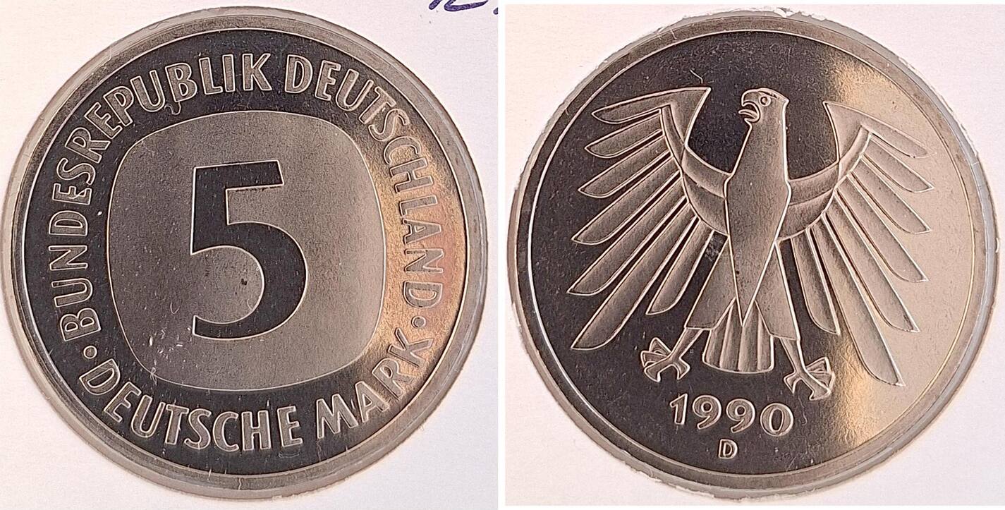5 DM 1990 D stgl Erstabschlag, TOP Qualität
