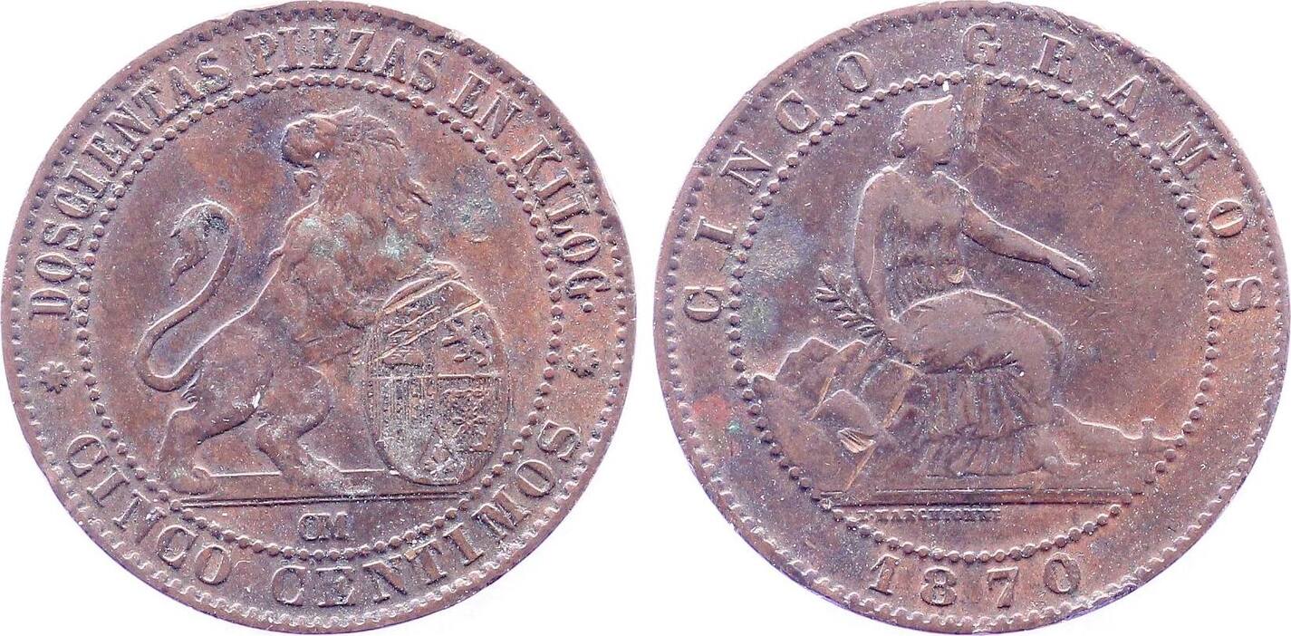 5 Centimos 1870 Spanien, ca. SS