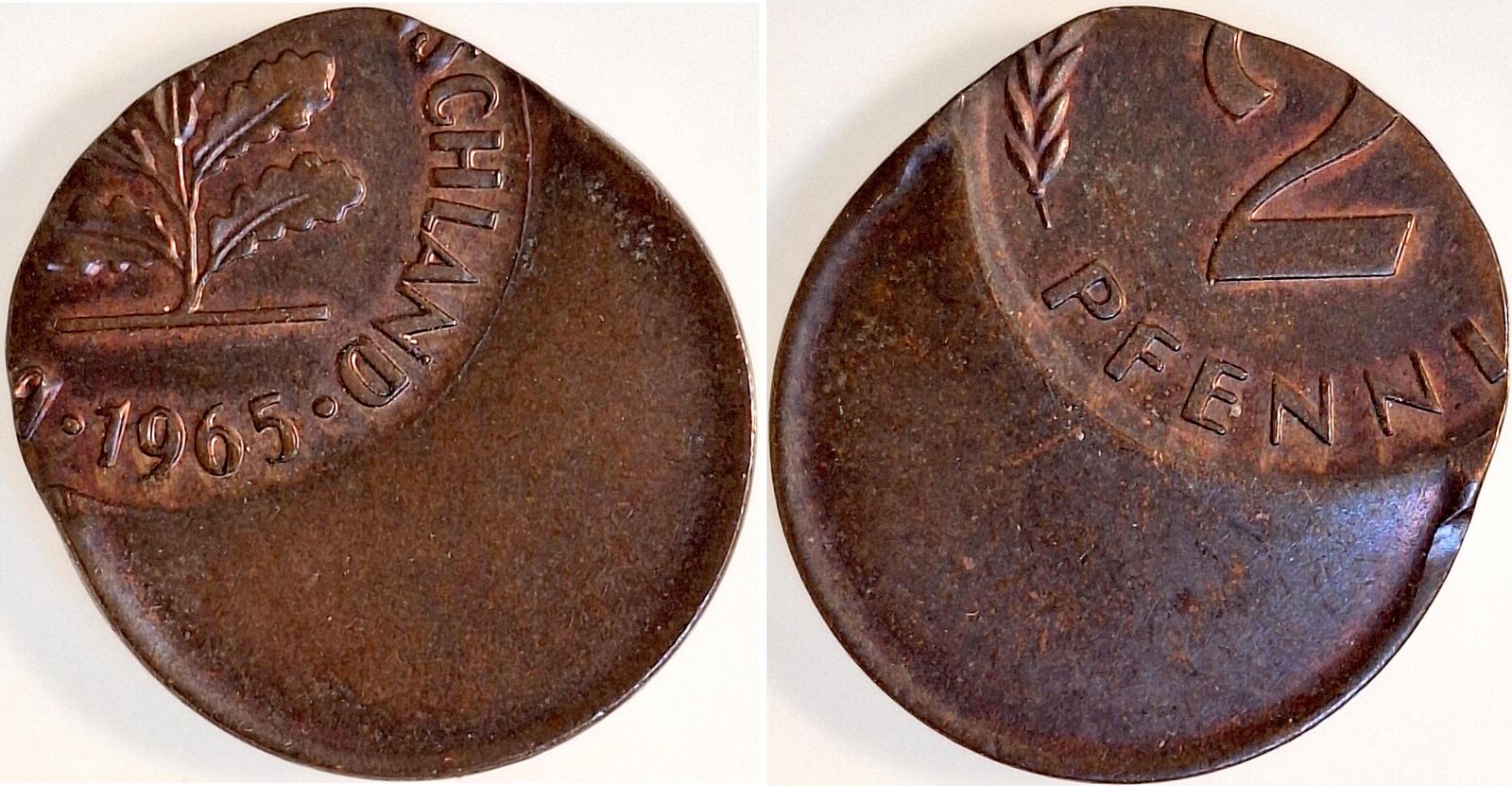 2 Pfennig 1965 dezentriert 45 % ohne Münzzeichen