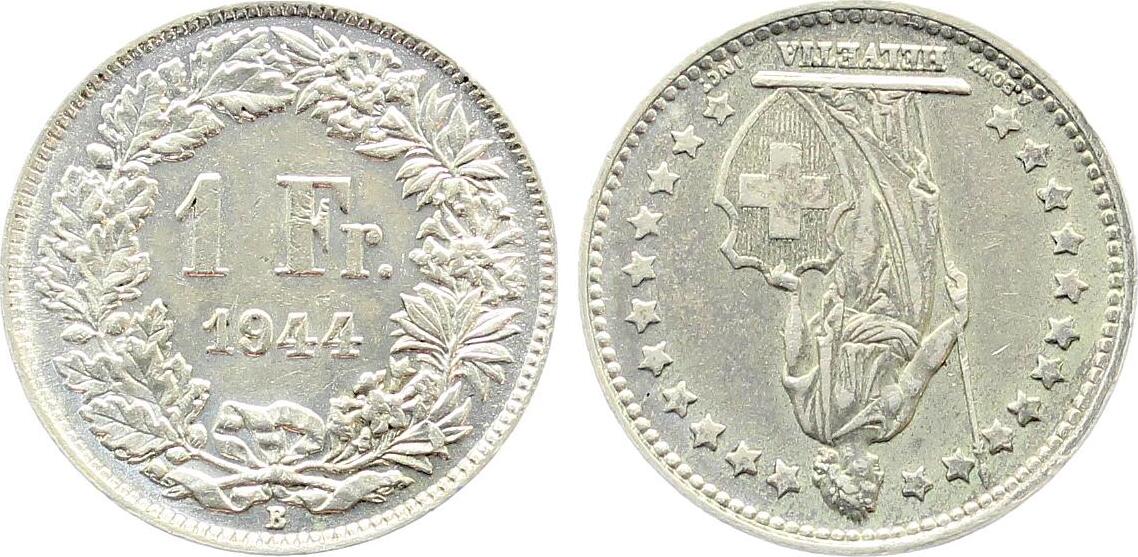 1 Franken Schweiz 1944 B vorzüglich/stempelglanz