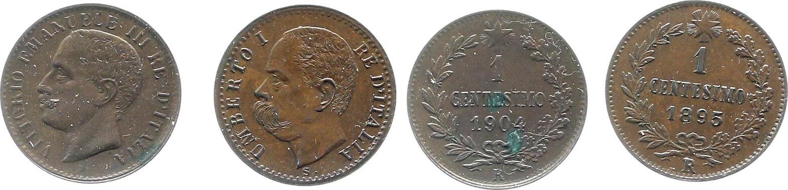 2 x 1 Centesimo 1895 und 1904 in vz/stgl, schöne Patina
