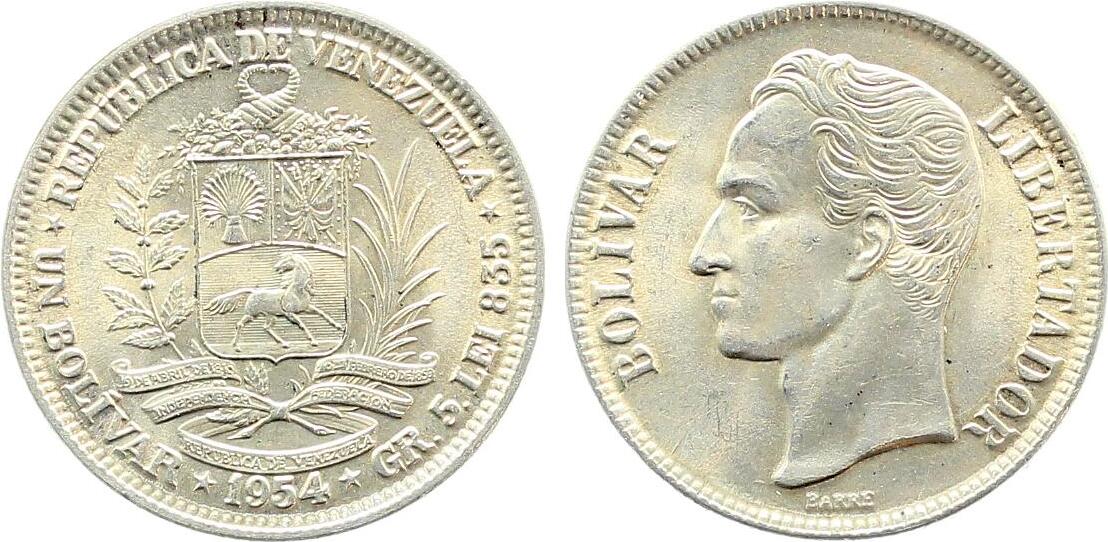 1 Bolivar 5 Lei Venezuela 1954 stempelglanz 900 er Silber