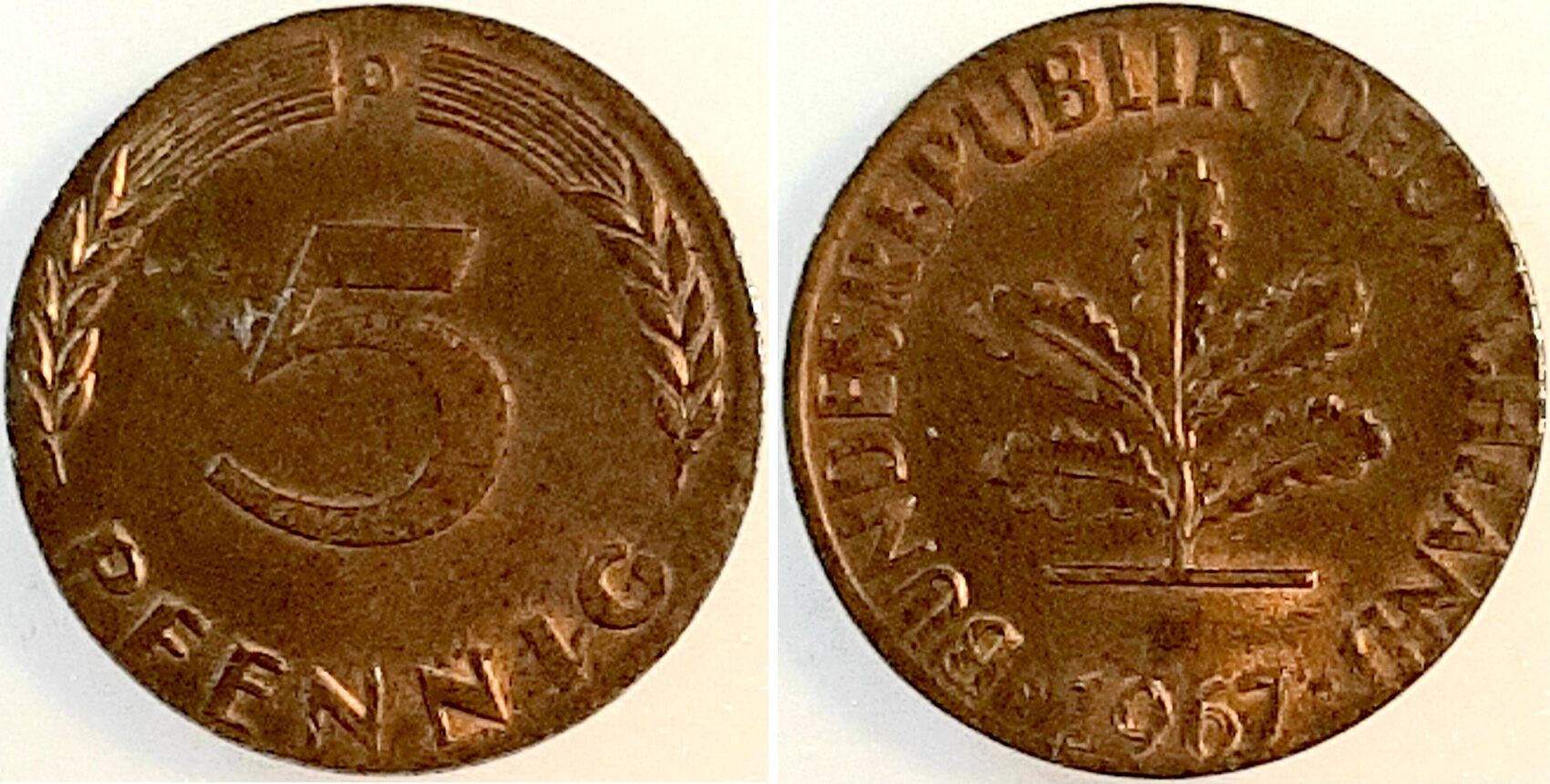 5 Pfennig 1967 D auf 1 Pfennig-Rohling geprägt
