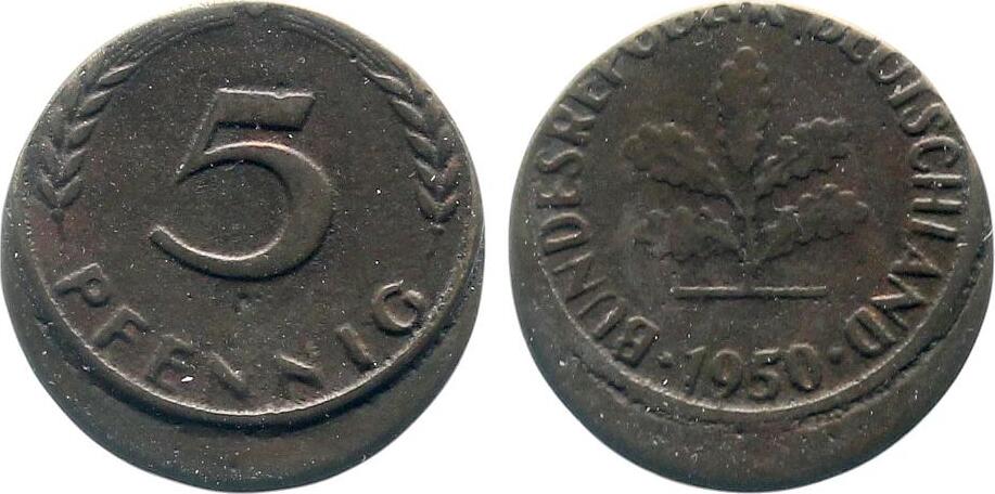5 Pfennig 1950 G auf 2 Pfennig-Rohling tlw. dezentriert