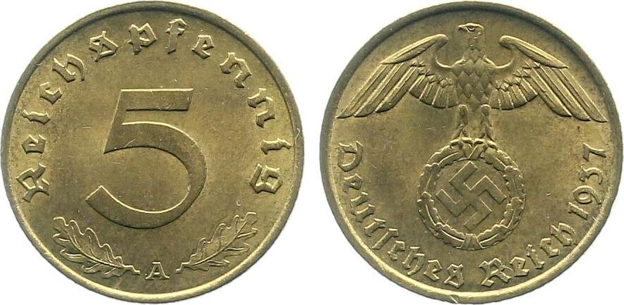 5 Pfennig 1937 A J363 stgl Drittes Reich kl Randfehler