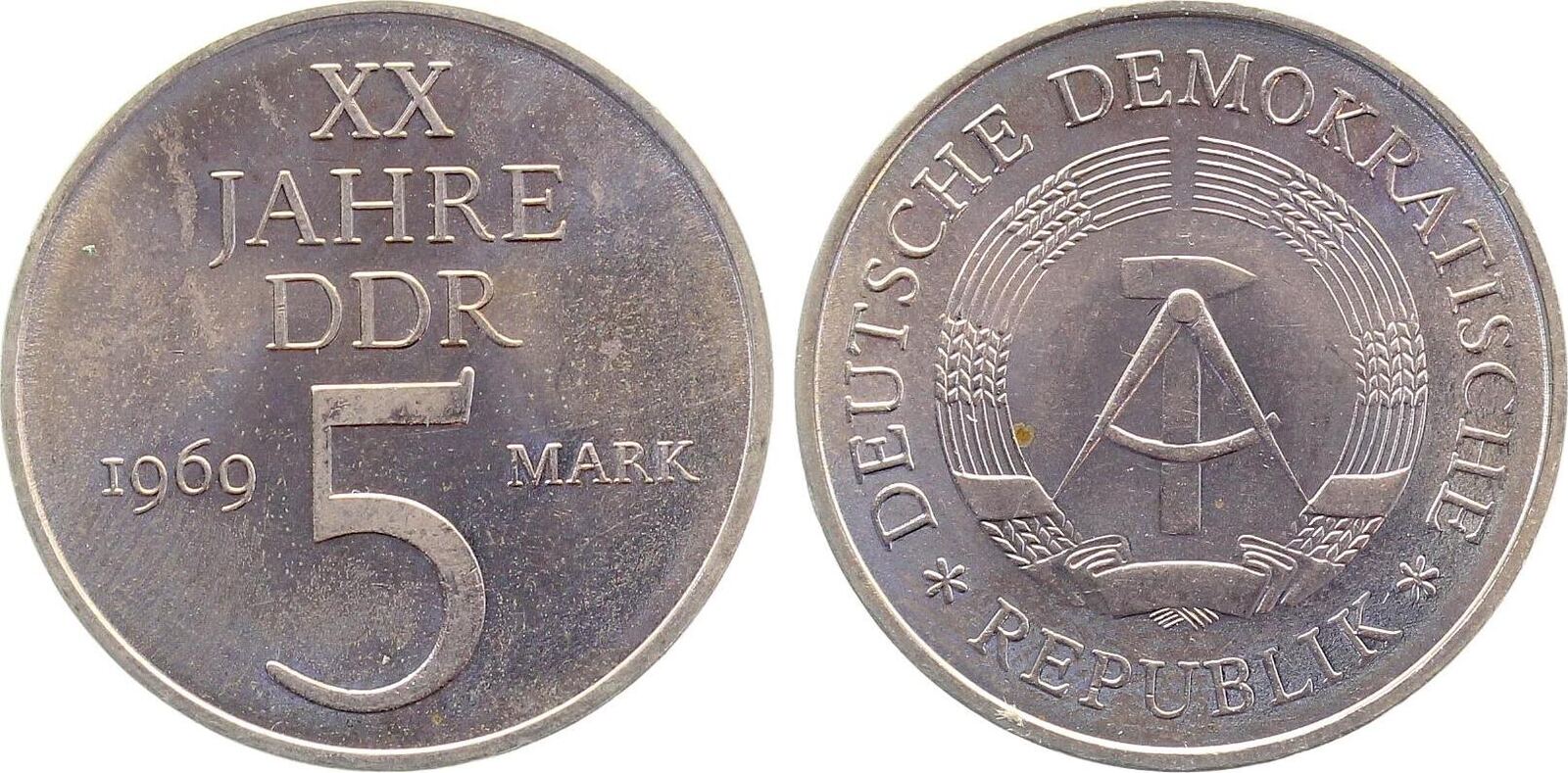 5 Mark 20 Jahre DDR leicht magnetisch J1524 Erstabschlag