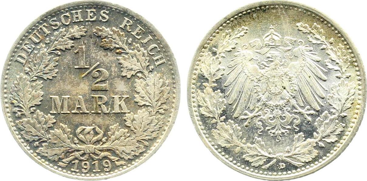 ½ Mark 1919 D stgl schöne Patina