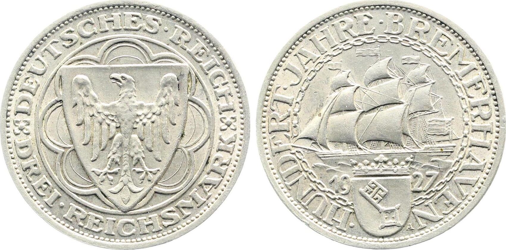 3 Reichsmark Bremerhaven 1927 A J325 prfr