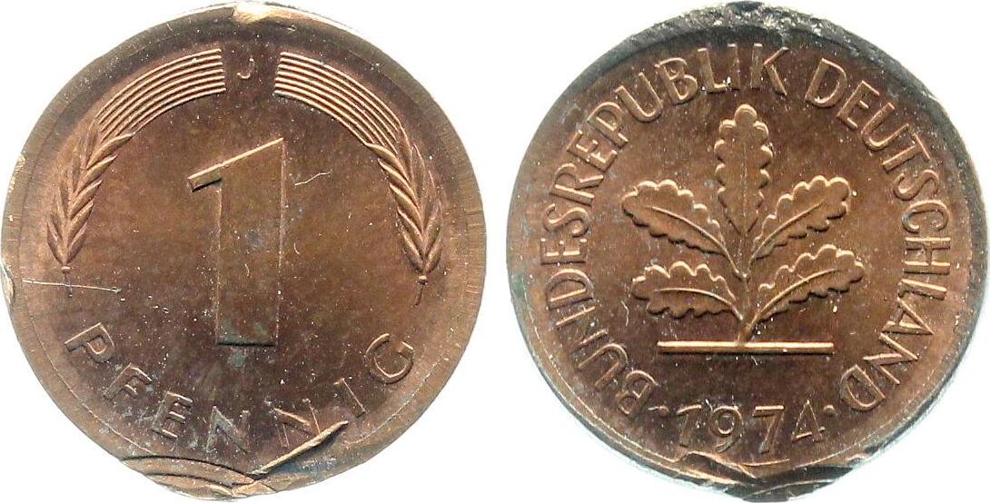 1 Pfennig 1974 J ausserhalb des Ringes geprägt