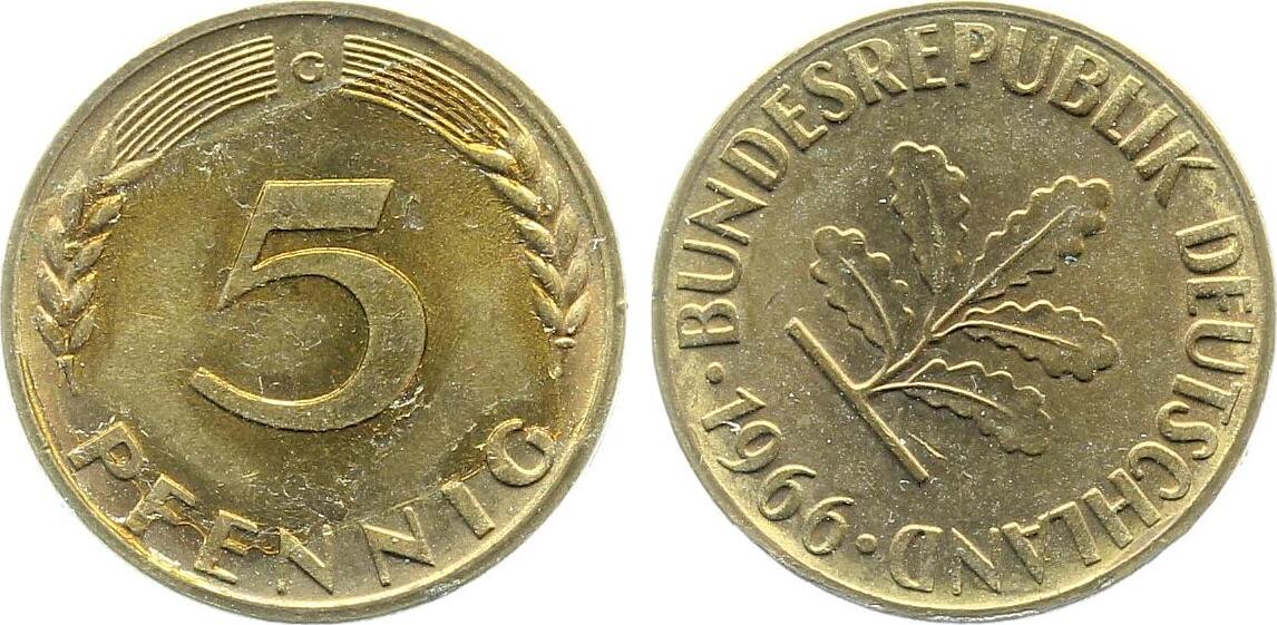 5 Pfennig 66G S20 ss/vz S75, 75 Grad verdreht