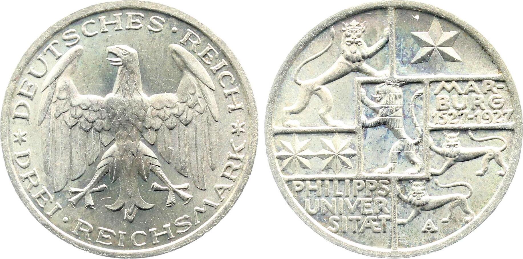 3 Reichsmark Universität Marburg 1927 A prfr/stgl J330