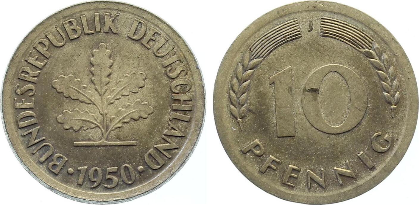 10 Pfennig 1950 J zu groß 22,2 Markm, sehr breiter Randstab