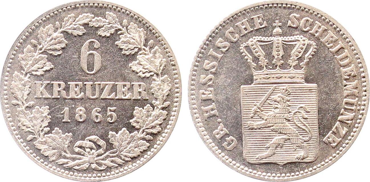 6 Kreuzer 1865 Hessen gr. hessische Scheidemünze vz-stg, TOP