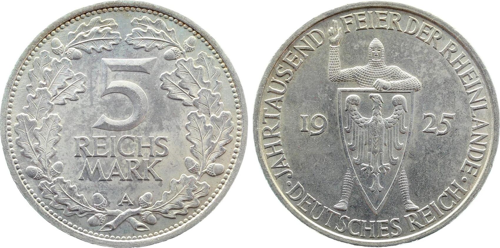 5 Reichsmark Rheinlande 1925 A J322 prägefrisch