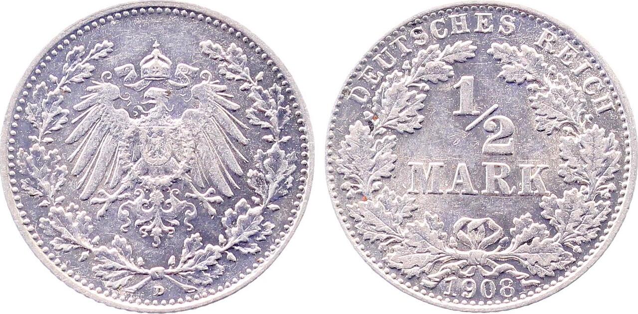 ½ Mark 1908 D J016 sehr selten