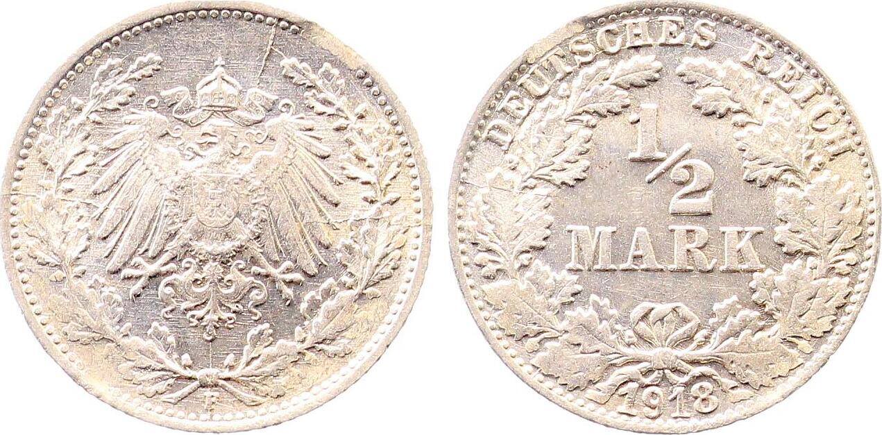 ½ Mark 1918 F kleines Zainende prägefrisch/stempelglanz