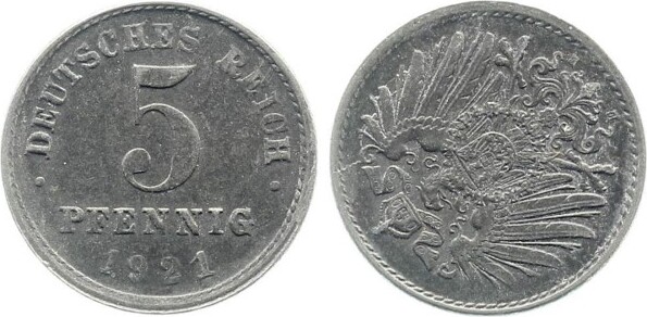 5 Pfennig 1921 E ca. S225 f.vz