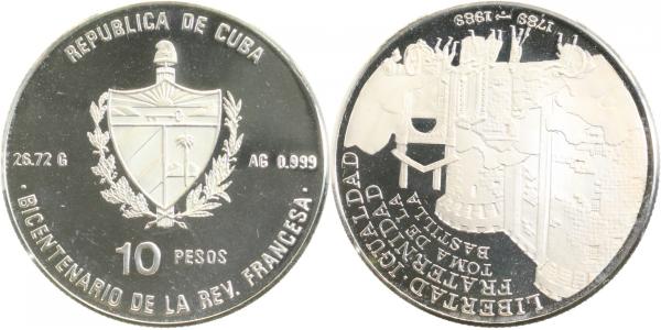 10 Pesos Bastille Cuba Piefort Auflage 150 Ex. Silber 0,925 Erstürmung der Bastille PP