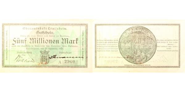 5 Millionen Mark Crailsheim 1923 Notgeld gebraucht