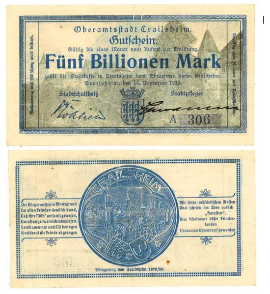 5 Billionen Mark Crailsheim 1923 Notgeld gebraucht selten