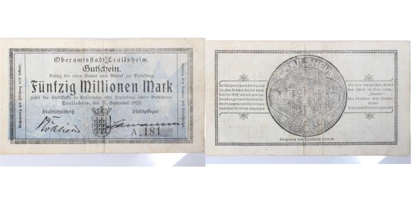 50 Million Mark Crailsheim 1923 Notgeld gebraucht selten