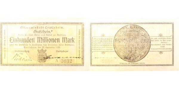 100 Milliionen Mark Crailsheim 1923 Notgeld fast druckfrisch selten
