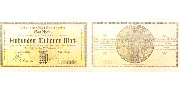 100 Millionen Mark Notgeld Crailsheim 1923 gebraucht selten