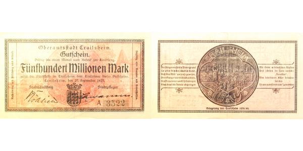 500 Millionen Mark Crailsheim 1923 Notgeld gebraucht selten