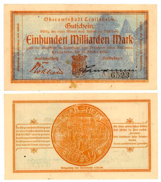 100 Milliarden Mark Crailsheim 1923 Notgeld blau
