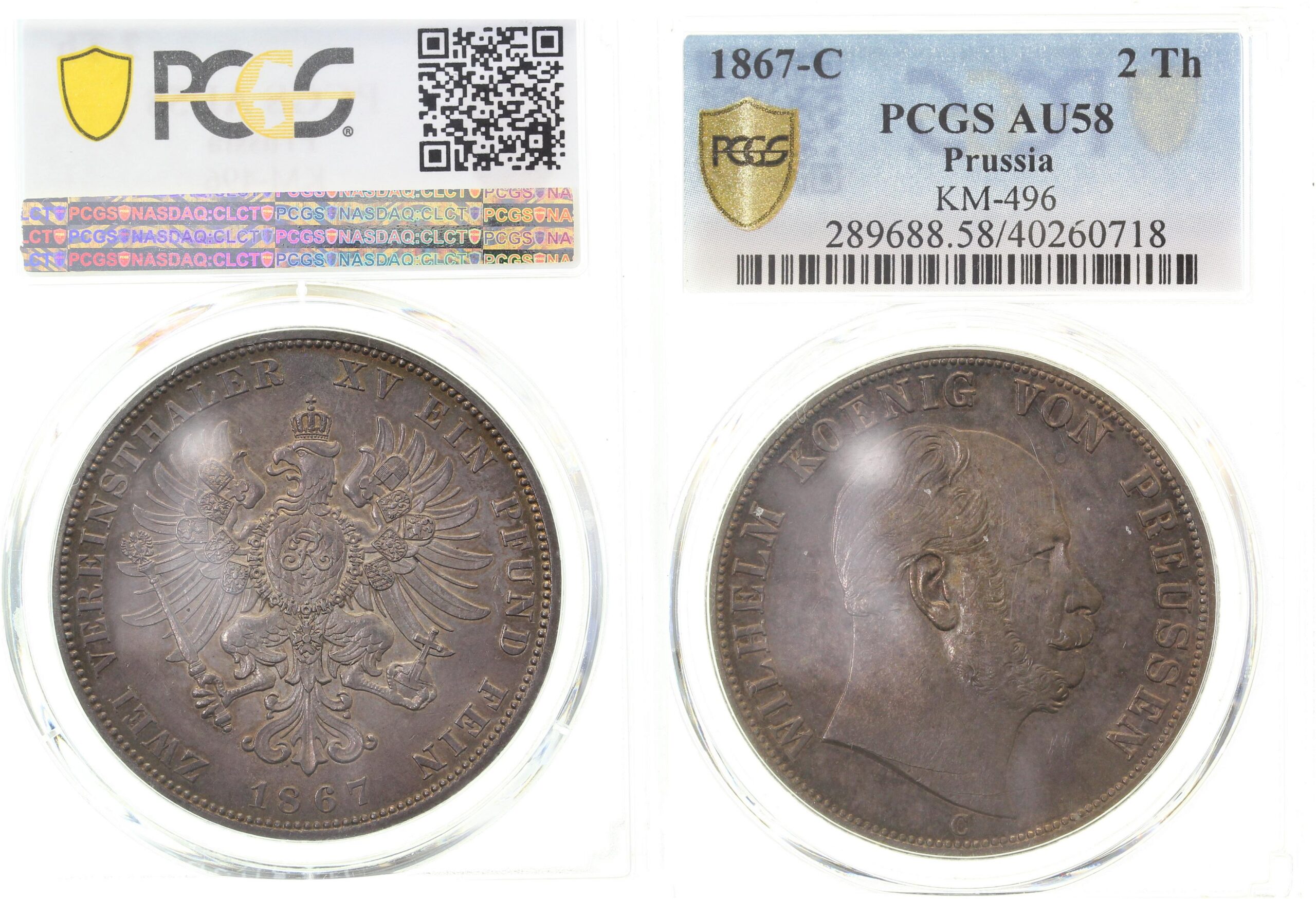 VereinsdoppelTaler Preussen 1867 C Thun 266 PCGS AU58