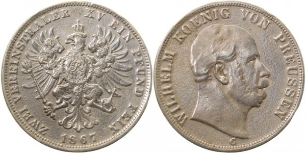 Vereinsdoppeltaler Preussen 1867 C schön+ Henkelspur