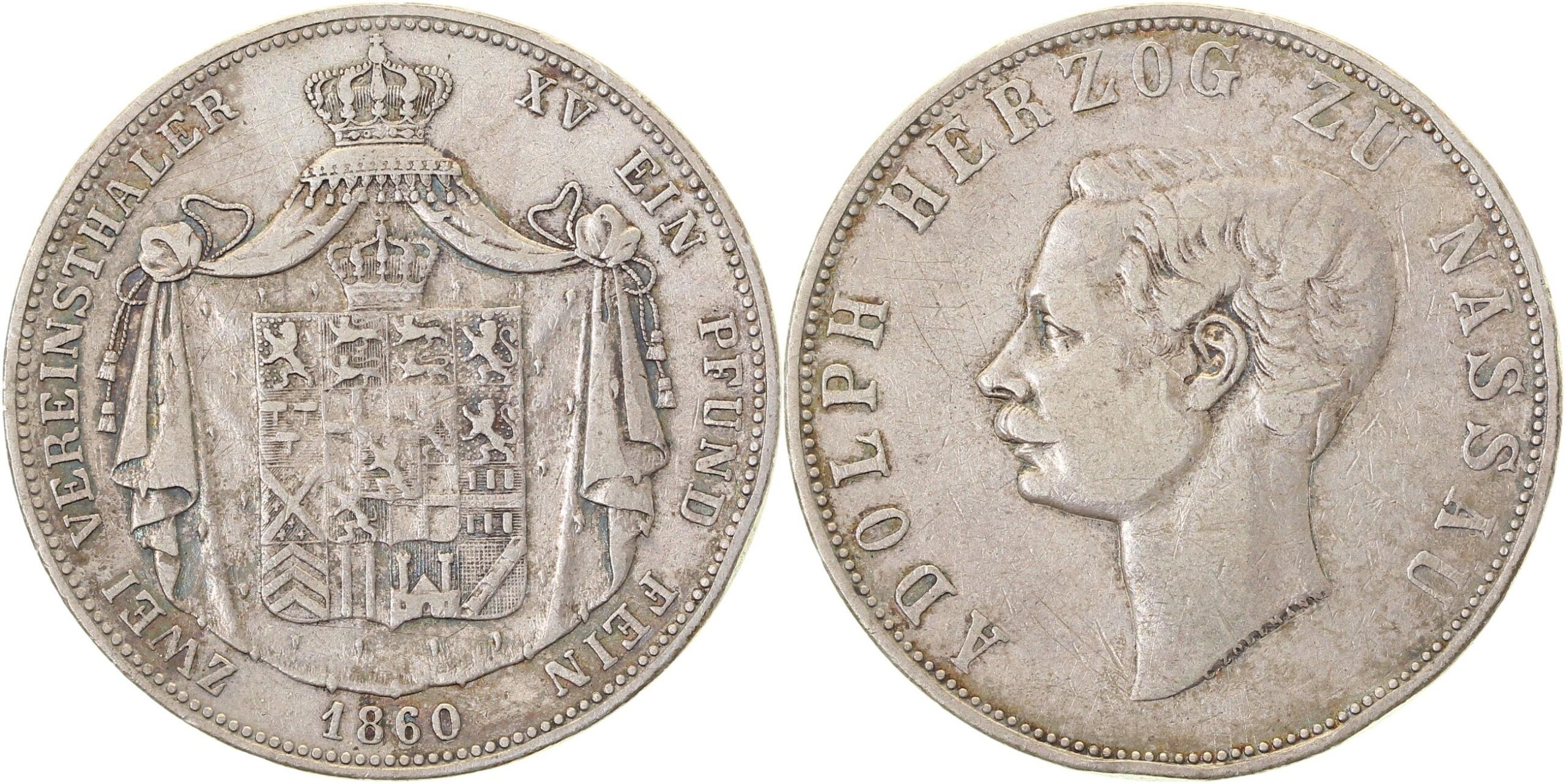 Vereinsdoppeltaler Nassau 1860 Thun 235 fast sehr schön 3.2b