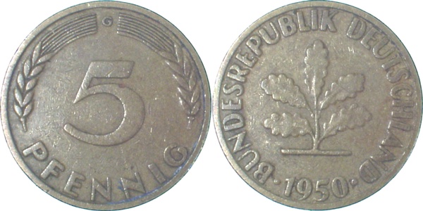 5 Pfennig 1950 G ss Ngb 7 7 ss 5 Pfennig